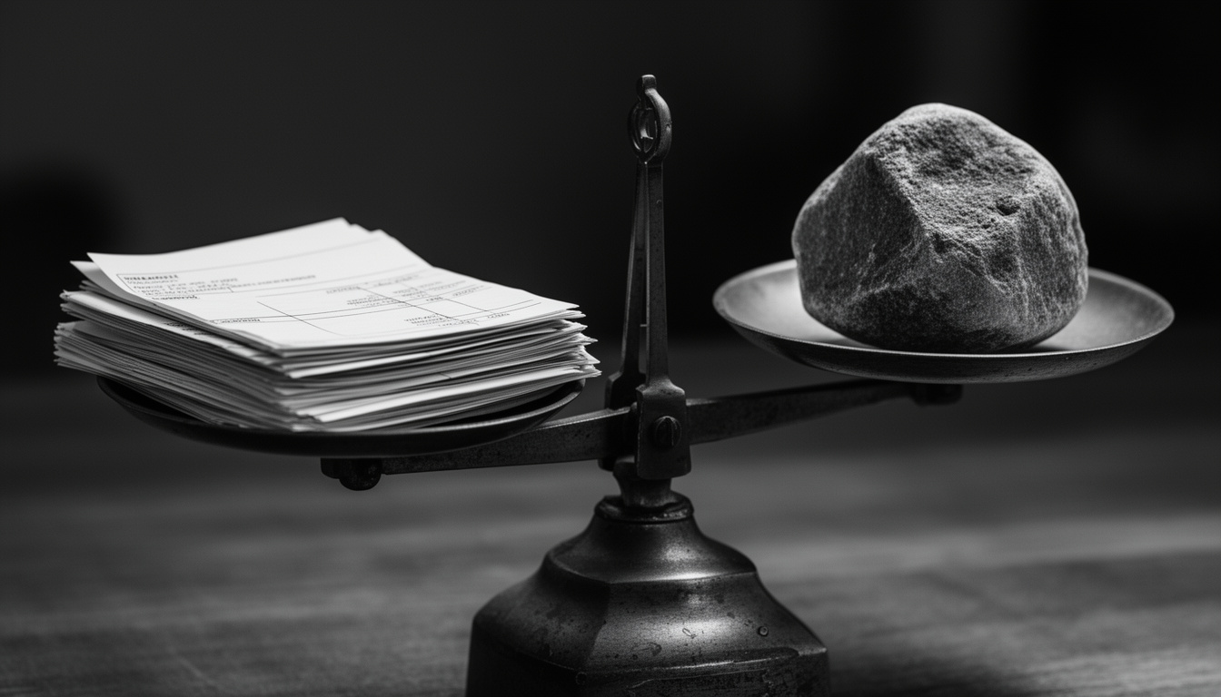 Balança analógica em preto e branco equilibrando documentos financeiros e uma pedra, simbolizando a avaliação do risco de crédito e a precificação da inadimplência.