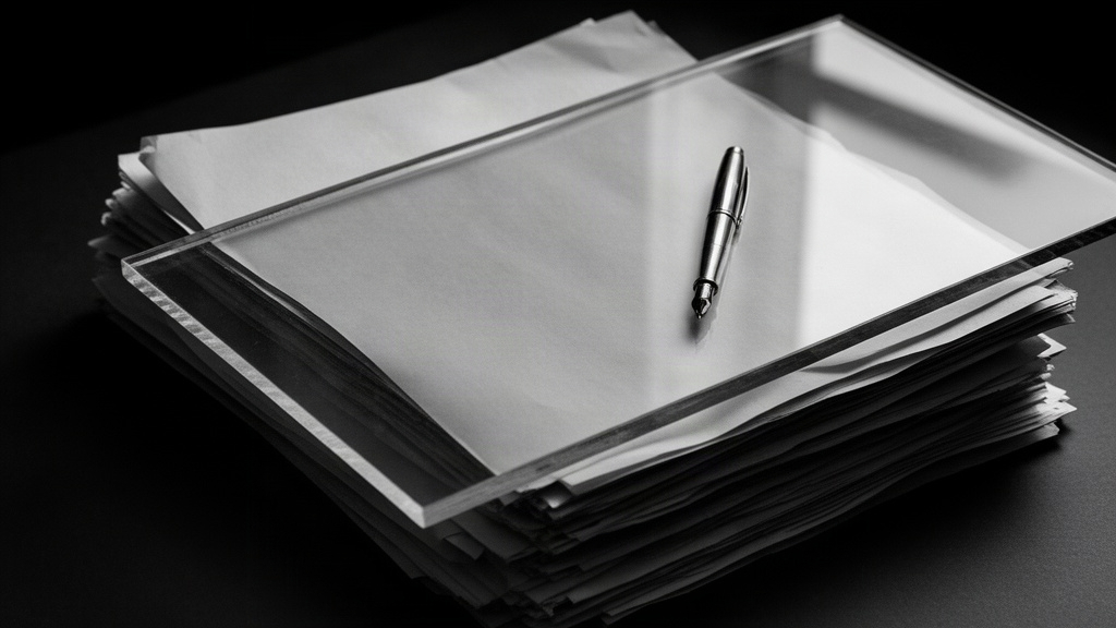 Documentos arquivados e vidro transparente em fotografia preto e branco, representando a visualização estrutural do balanço patrimonial e dos ativos da empresa.