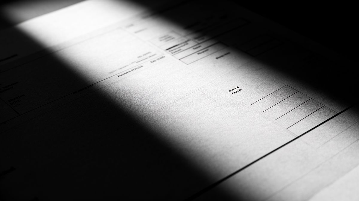 Documento financeiro abstrato em preto e branco com alto contraste, representando contabilidade e provisões.