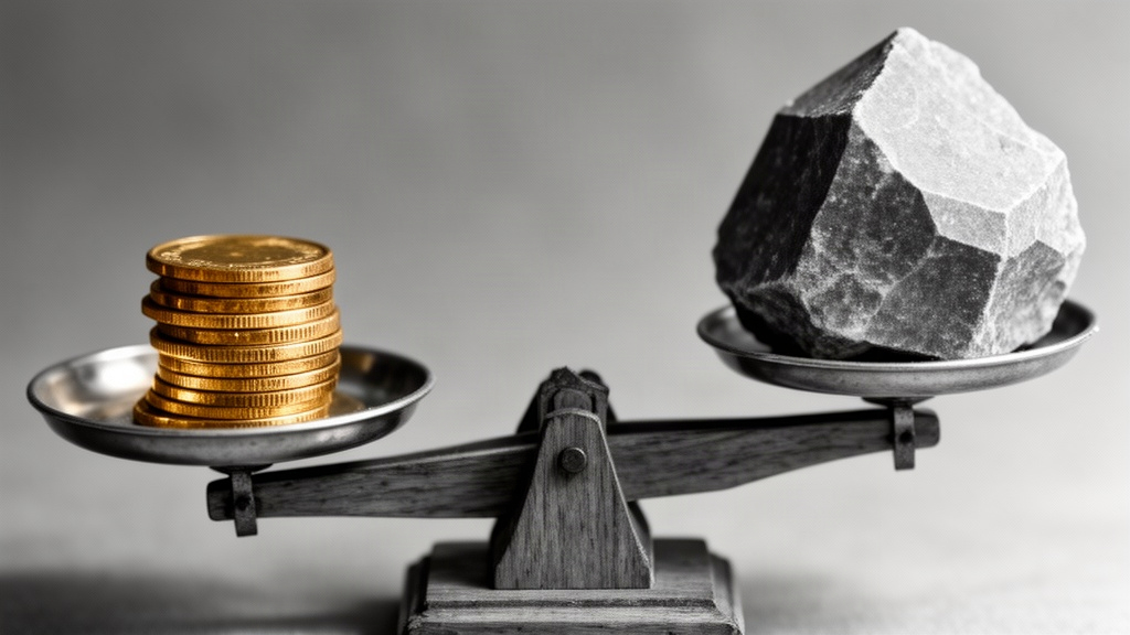 Balança antiga em preto e branco equilibrando moedas e uma pedra solta sobre fundo desfocado
