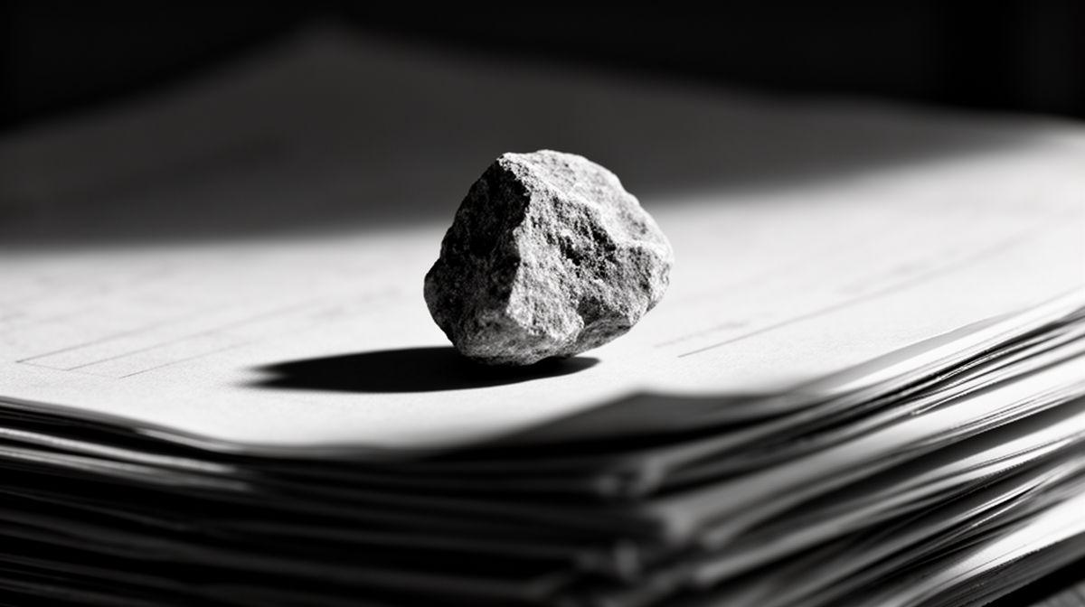 Composição abstrata em preto e branco com uma pequena pedra apoiada sobre uma pilha de documentos desfocados, simbolizando assimetria de informação e risco.