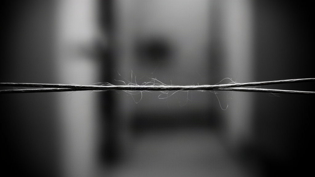 Fotografia em preto e branco de um fio tenso sob alta tensão, representando o limite de margem e o risco iminente de liquidação forçada em operações alavancadas.
