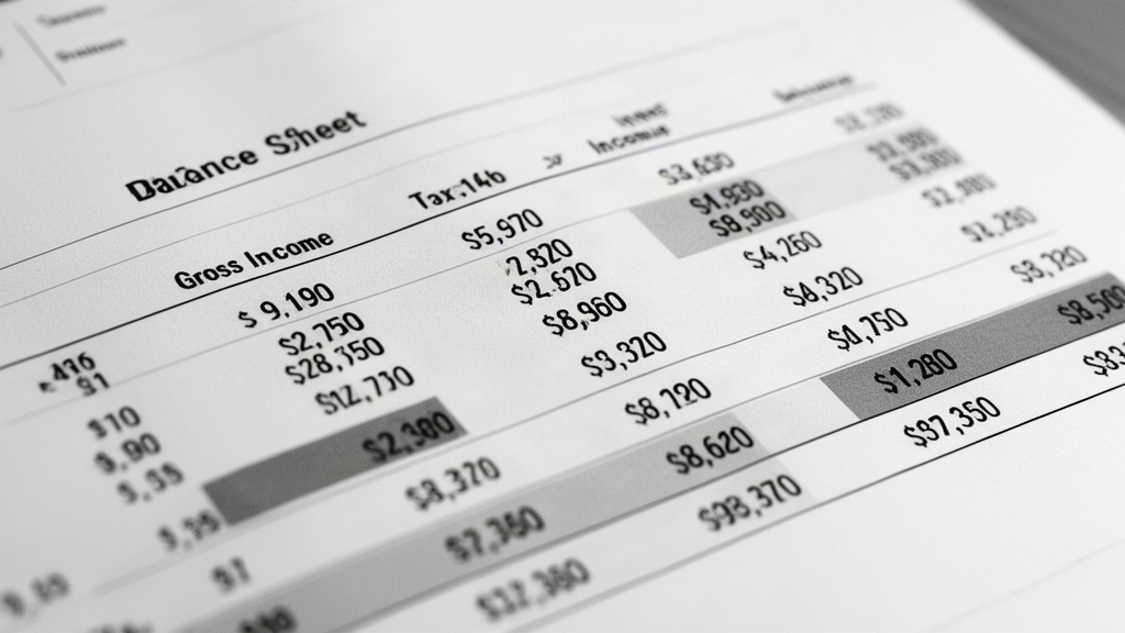 Detalhe de uma planilha financeira em preto e branco destacando cálculos de impostos retidos na fonte