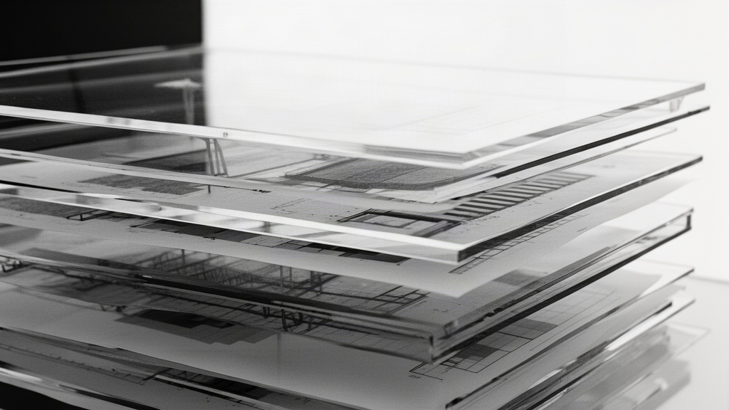 Composição abstrata em preto e branco com camadas de vidro transparente sobrepostas, sugerindo profundidade de análise e estrutura