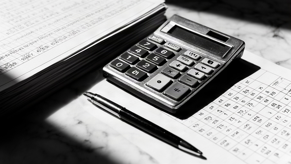 Calculadora e cadernos contábeis em preto e branco, representando o cálculo do fluxo de caixa.
