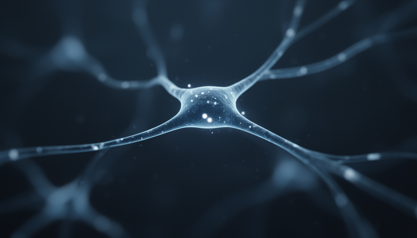Detalhe macro de uma sinapse cerebral ativa em tons de azul, ilustrando o mecanismo de comunicação entre neurônios.