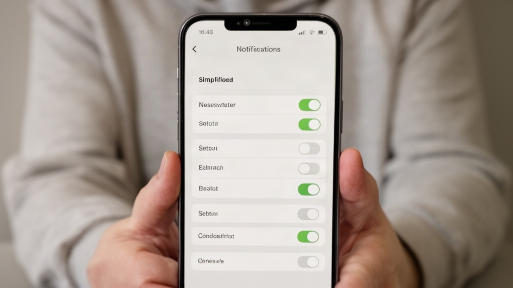 Mãos ajustando as configurações de notificação do celular para remover distrações, focando na simplificação digital
