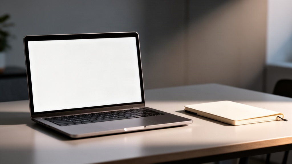 Computador limpo e caderno físico lado a lado, ilustrando a separação entre produção e administração.