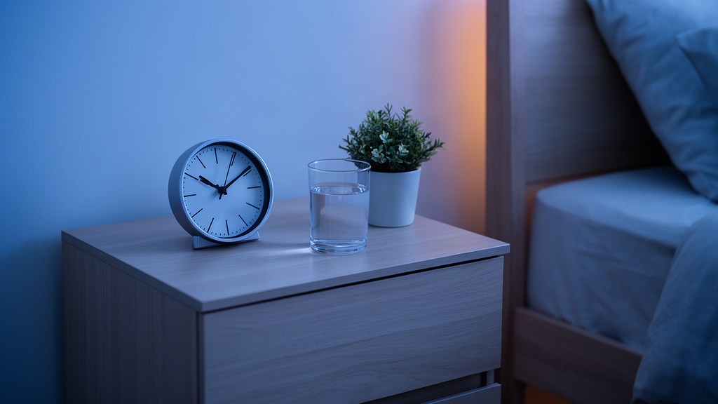 Mesa de cabeceira minimalista com relógio analógico e água, sob luz suave do pré-amanhecer, focada no ritual de sono