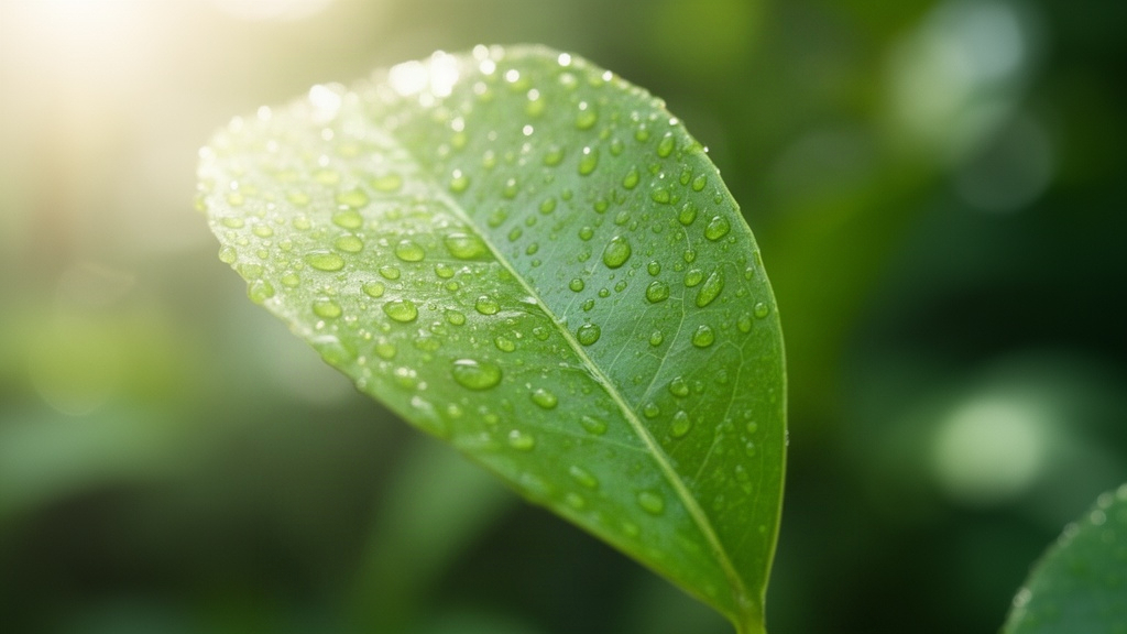 Folha verde com gotas de orvalho sob luz natural, simbolizando crescimento biológico e neuroplasticidade.