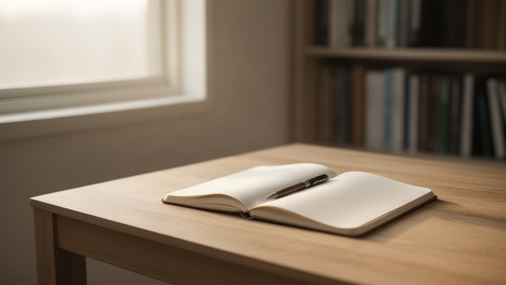 Canto de estudo minimalista com caderno aberto e luz suave, convidando à pausa ativa e recuperação mental.