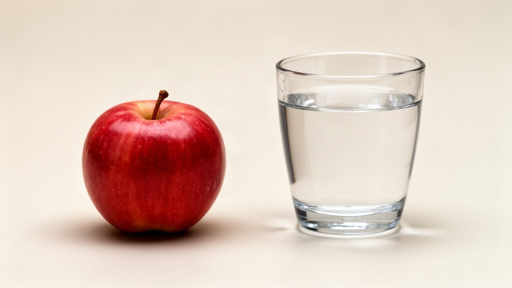 Maçã fresca e copo de água dispostos em superfície neutra e clara, ilustrando escolhas simples de hidratação sem excesso ou promessas exageradas.