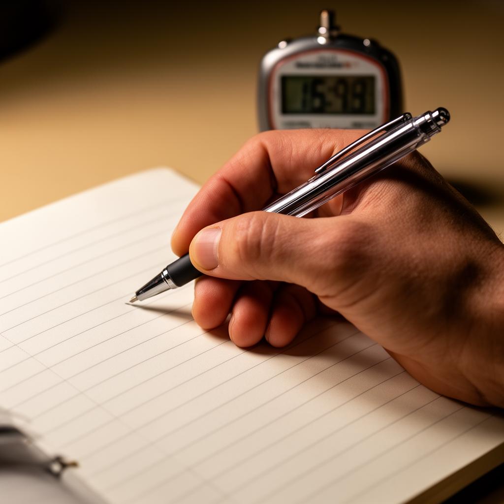 Mão escrevendo em um caderno com um cronômetro ao fundo, simbolizando o teste prático de concentração.
