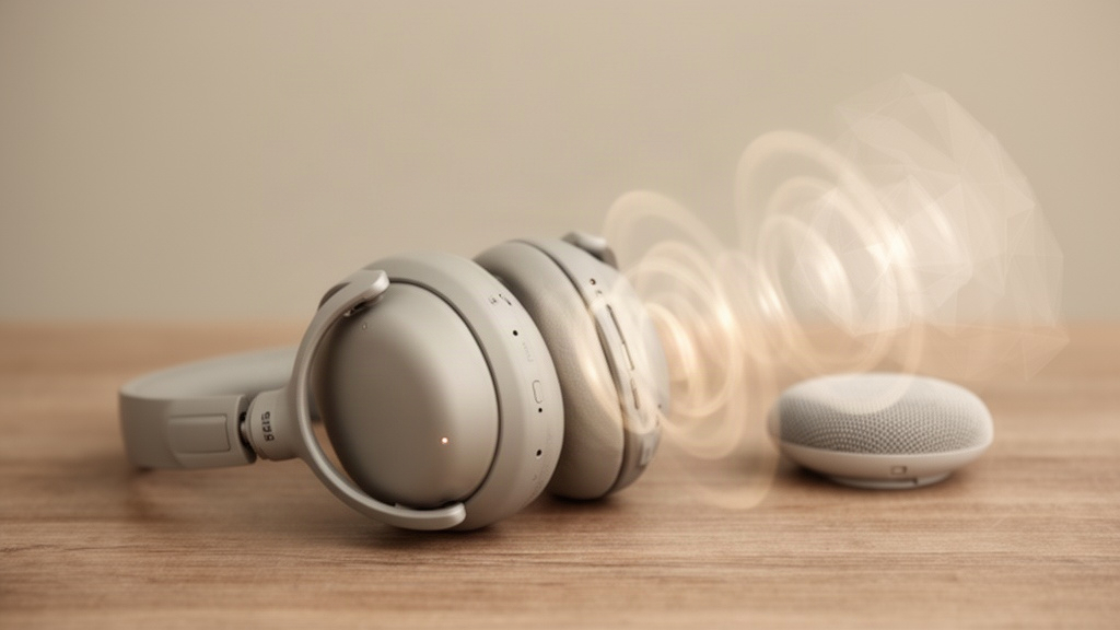 Headphones e alto-falante minimalista em ambiente tranquilo, representando o uso estratégico de som de fundo estável.