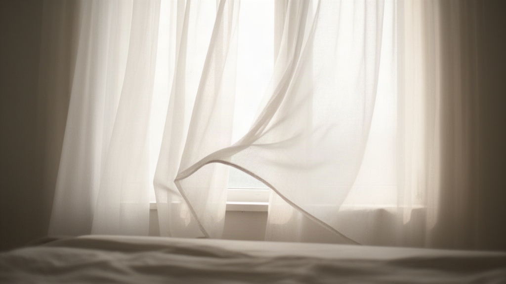 Vista de um quarto aconchegante para uma janela iluminada pela manhã, com cortinas leves e luz natural difusa entrando no ambiente, enfatizando a exposição à claridade ao acordar.
