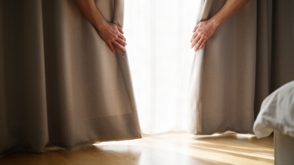 Mãos abrindo cortinas para deixar a luz natural entrar no quarto, simbolizando o início consciente do dia.