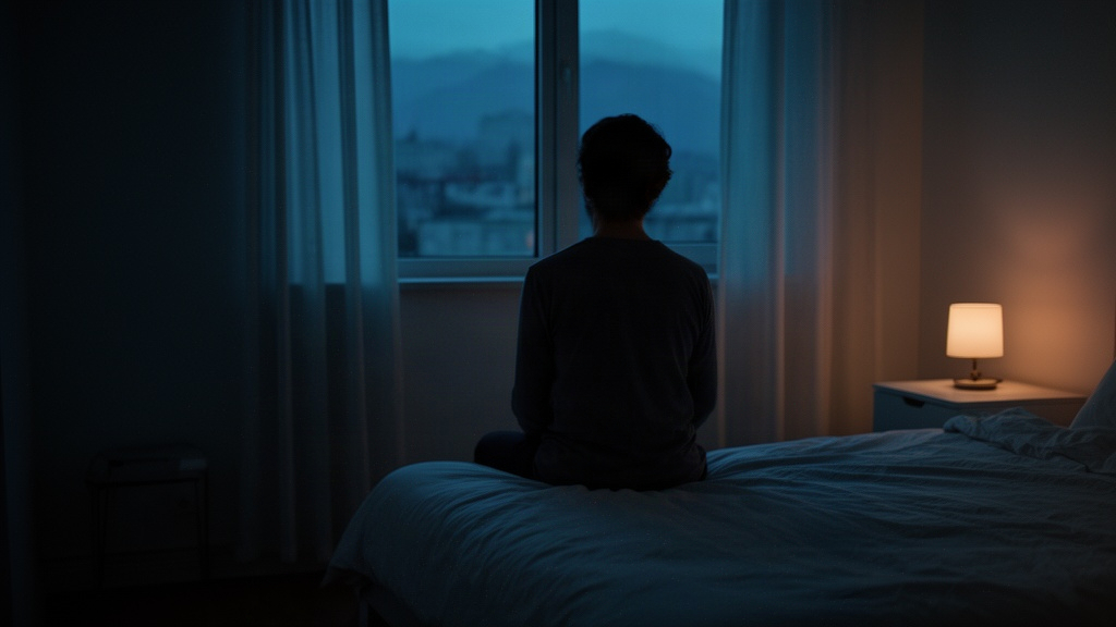 Pessoa sentada na beira da cama em ambiente tranquilo, representando a transição de baixa estimulação antes de dormir.
