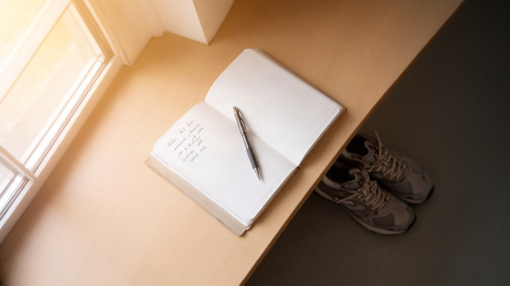 Cenário de trabalho minimalista com caderno aberto e tênis ao lado da mesa, indicando preparação para uma pausa de movimento.