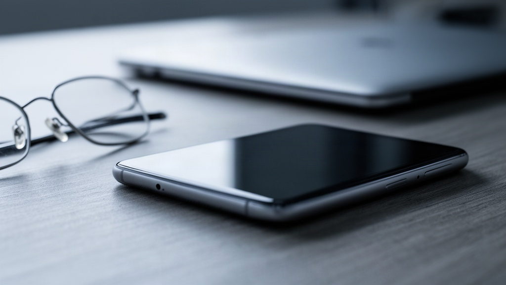 Smartphone virado para baixo sobre uma mesa, ao lado de óculos e laptop fechado, simbolizando a desconexão digital durante uma pausa.