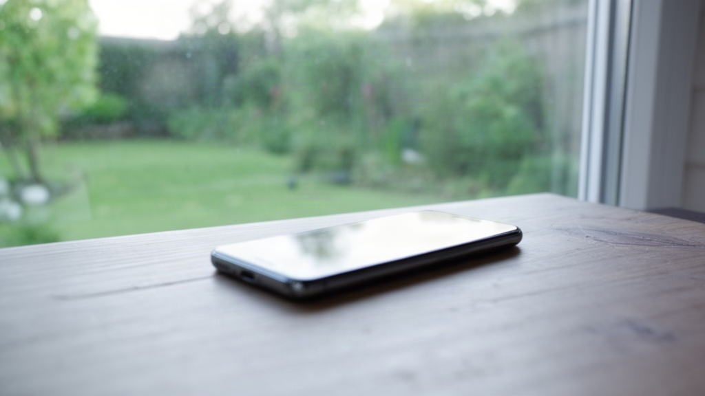 Smartphone fora do foco ao lado de uma janela com vista para um jardim verde