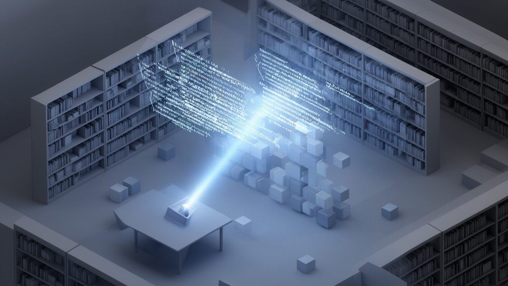 Ilustração isométrica de uma biblioteca digital moderna com prateleiras organizadas e feixes de luz buscando informações específicas.