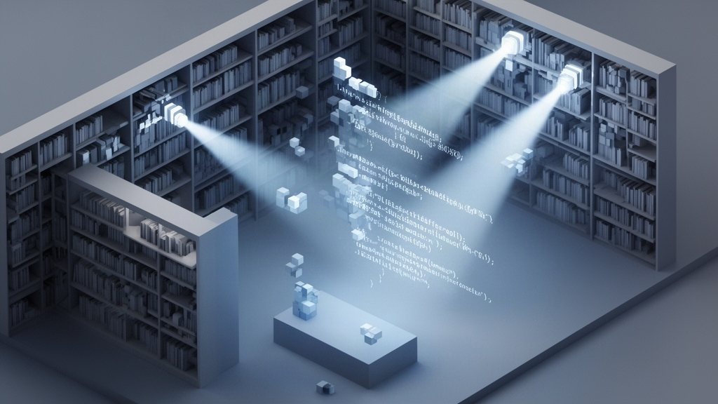 Ilustração isométrica de uma biblioteca digital moderna com prateleiras organizadas e feixes de luz buscando informações específicas.