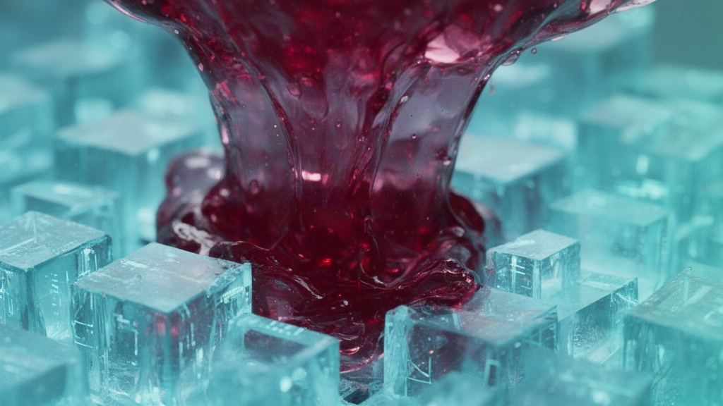 Texto macro de um fluido translúcido cor de vinho misturando-se com blocos geométricos rígidos e gelados