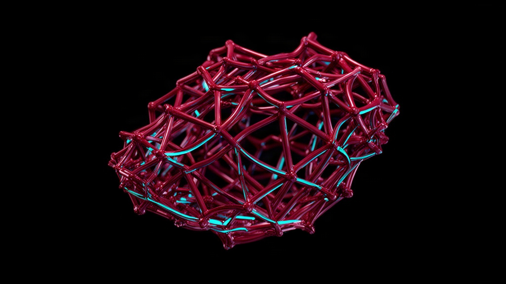 Objeto abstrato 3D isolado com formato de malha conectada em material brilhante vermelho e detalhes ciano