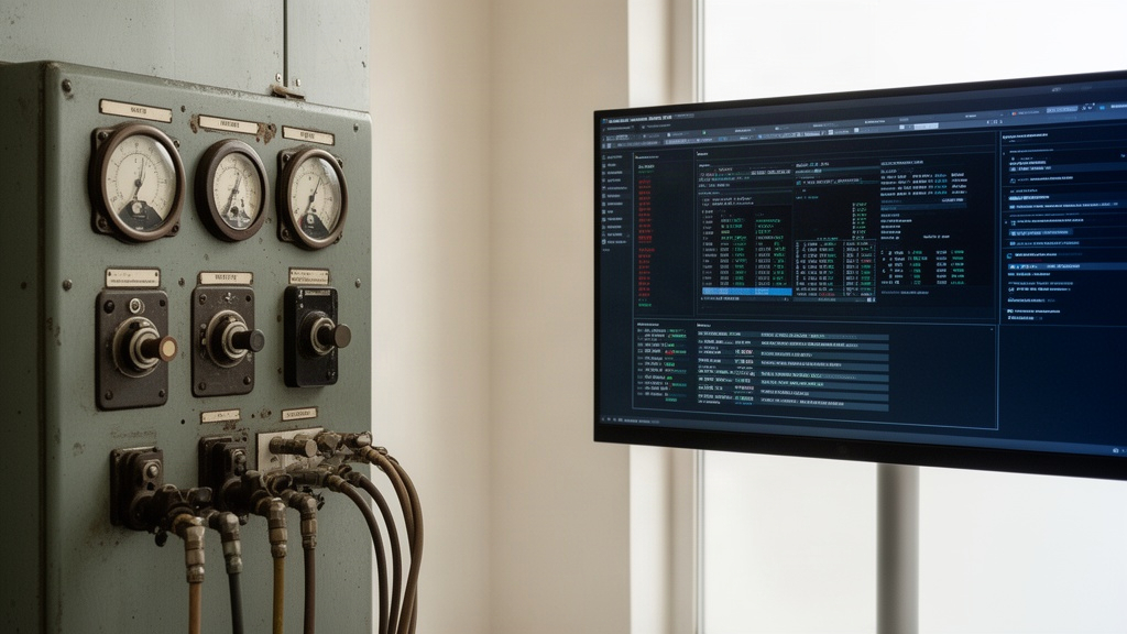Painel de controle industrial conectado a tela moderna exibindo fluxo de dados para monitoramento