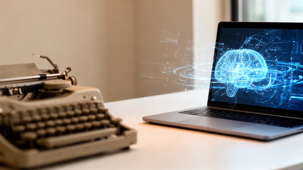 Superfície de mesa de escritório mostrando o contraste entre uma máquina de escrever antiga e um laptop moderno, ilustrando a transformação tecnológica e a mudança de habilidades no mercado de trabalho.