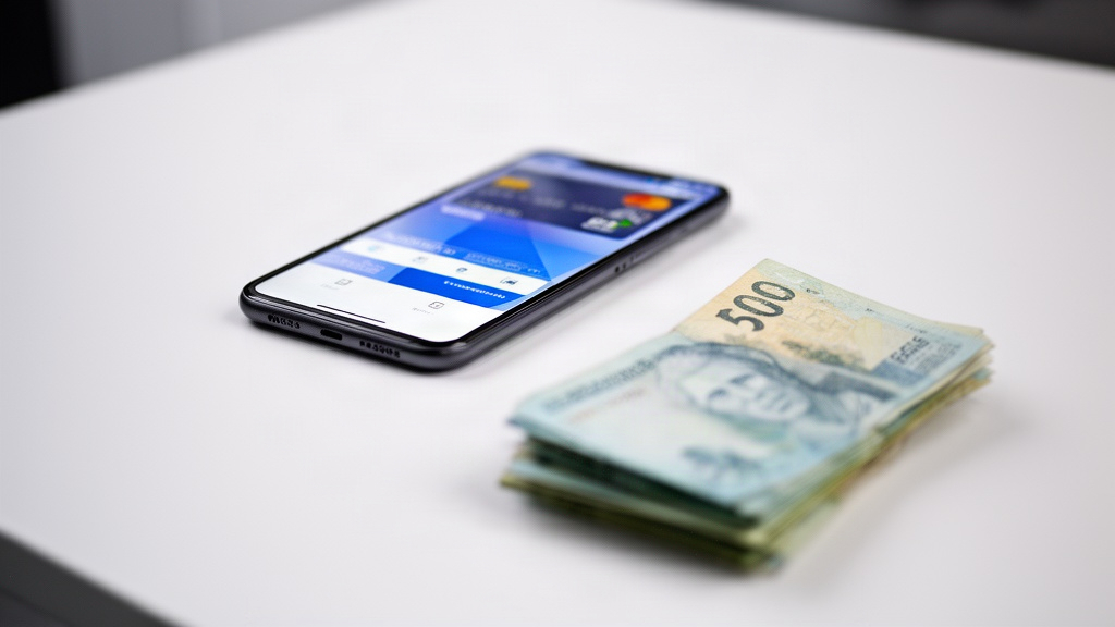 Smartphone com interface de cartão de crédito e dinheiro em espécie sobre mesa branca, ilustrando a escolha consciente entre crédito e gasto à vista.
