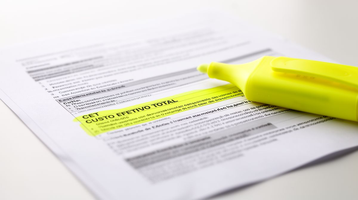 Documento de contrato financeiro com destacador amarelo sobre bancada branca, simbolizando a importância de ler o Custo Efetivo Total.