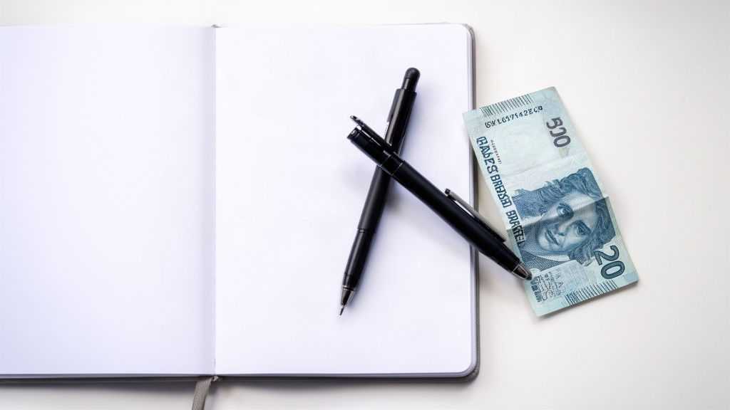Caderno de anotacoes, caneta e cédula de real dispostos de forma organizada, simbolizando planejamento financeiro.