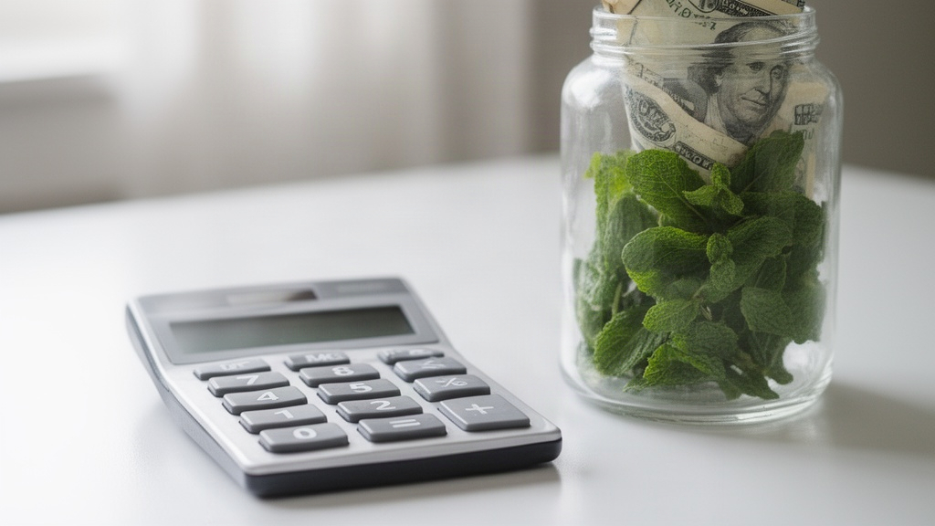 Calculadora e vidro com dinheiro e folhas de hortelã sobre mesa branca, representando o cálculo preciso dos juros reais e preservação do poder de compra.