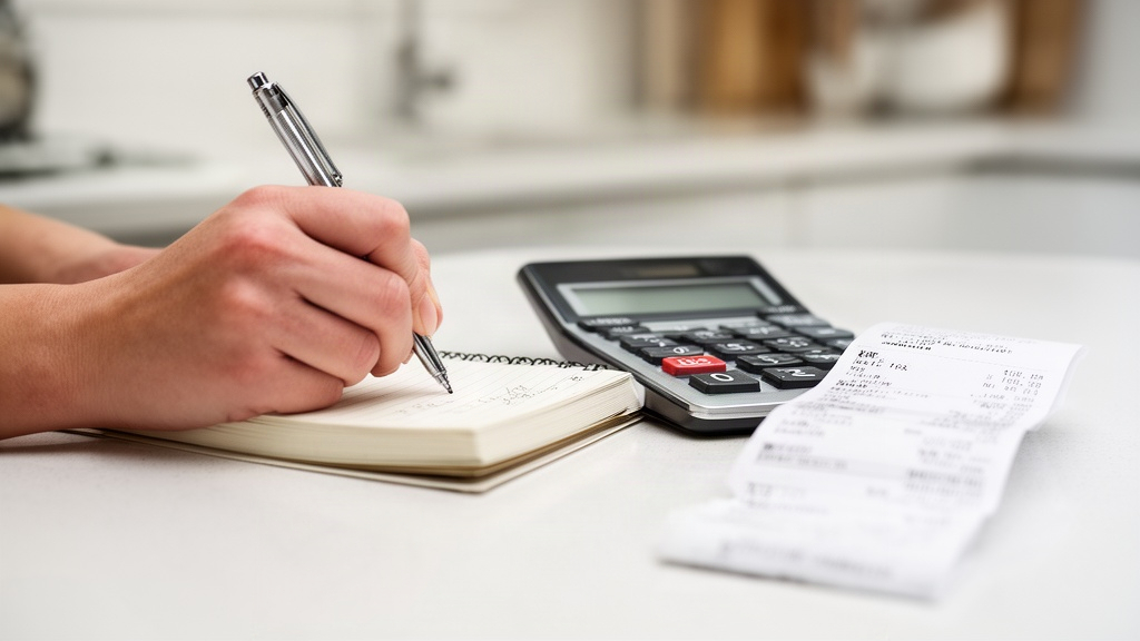 Mão anotando cálculos em um caderno ao lado de uma calculadora e um comprovante de compra, representando o processo de cálculo do IPCA pessoal.