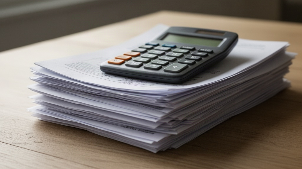 Pilha de documentos financeiros e uma calculadora sobre uma mesa, simbolizando a organização e gestão de dívidas e despesas.