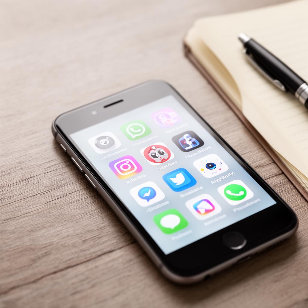 Smartphone com ícones de aplicativos sobre uma mesa ao lado de um caderno aberto, representando a revisão e o controle de assinaturas e serviços recorrentes.