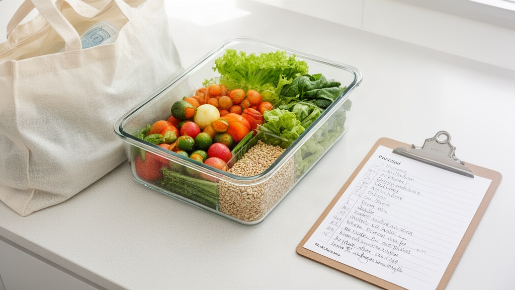 Estante de cozinha organizada com recipientes de alimentos frescos e uma lista de compras escrita à mão, ilustrando o planejamento de refeições e a redução de desperdícios.
