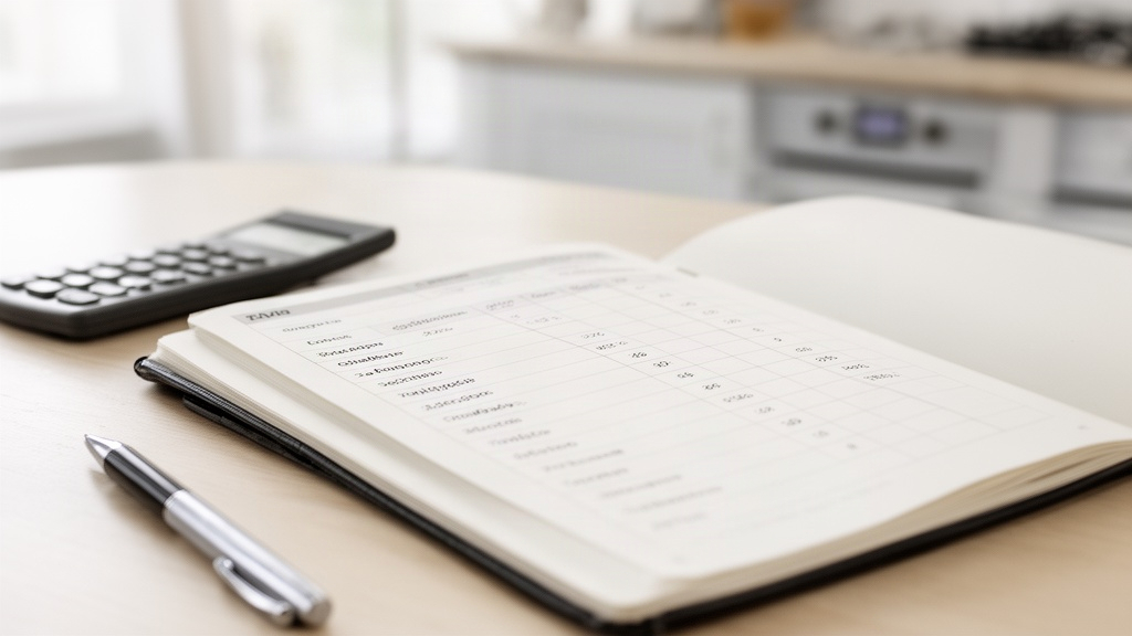 Caderno aberto com anotações de gastos e uma calculadora sobre a mesa, simbolizando o acompanhamento do orçamento familiar