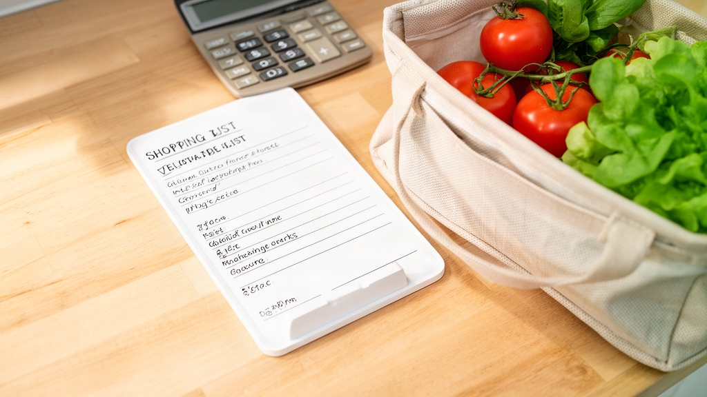 Lista de compras planejada ao lado de ingredientes frescos e uma cesta, ilustrando o consumo consciente e o controle de gastos no supermercado