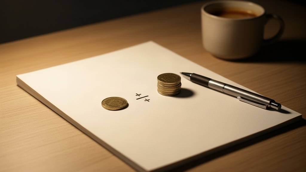 Composition of a notepad, pen and coins on a desk, illustrating the concept of calculating net return.