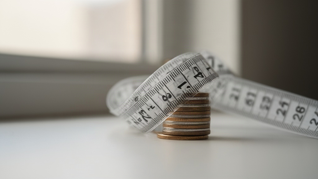 Fita métrica envolvendo moedas, simbolizando a precisão na comparação de investimentos.