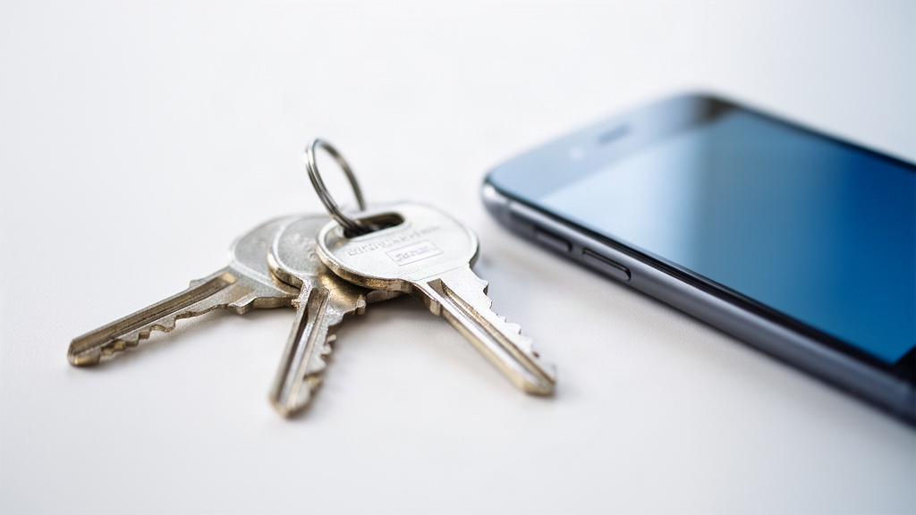 Chaves e um smartphone sobre uma superfície branca limpa, simbolizando acesso imediato e liquidez para emergências, sem rostos ou texto.