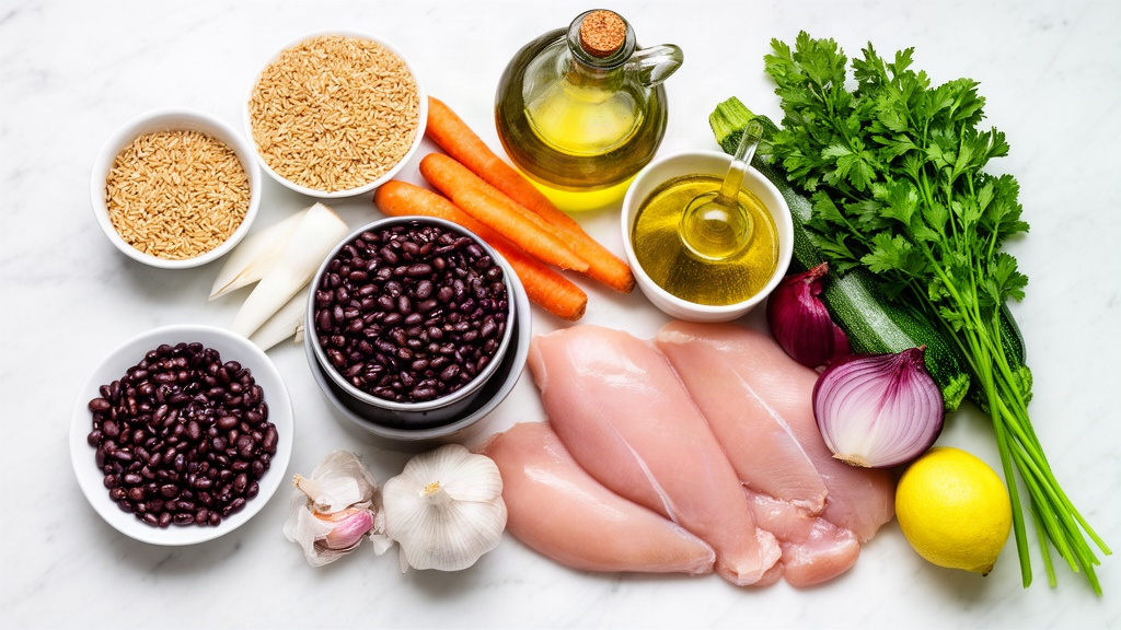 Foto de ingredients frescos para marmita, incluindo arroz integral, feijão, frango cru, cenoura, abobrinha, cebola, alho, azeite e limão sobre uma superfície de mármore branco.