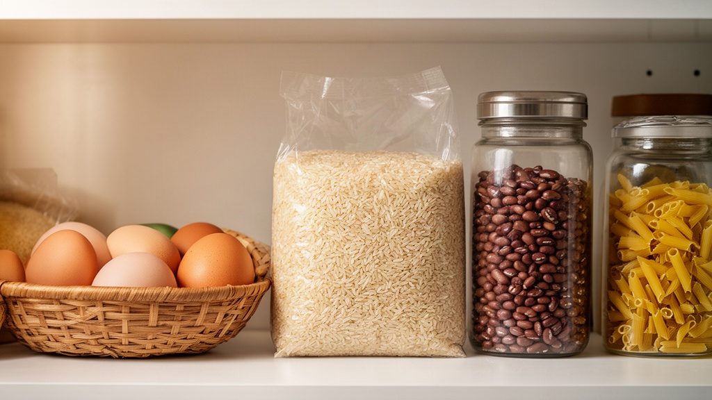 Prateleira de despensa organizada com alimentos básicos como ovos, arroz, feijão e macarrão para Emergências