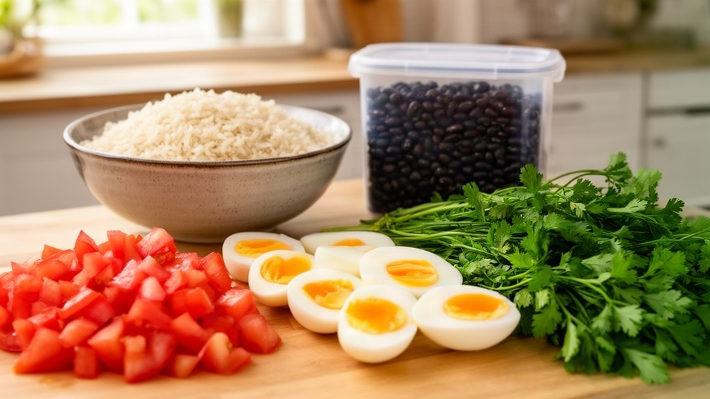 Componentes de refeição preparados separadamente, como arroz, feijão, ovos e tomate, prontos para combinação
