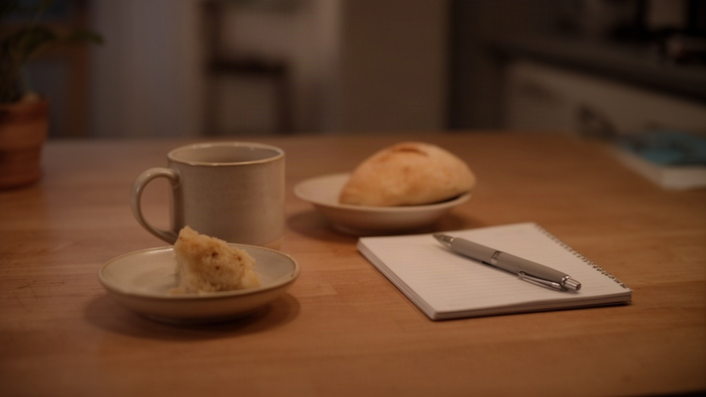 Mesa de cozinha aconchegante com café e caderno, evocando reflexão e acolhimento sem julgamento.