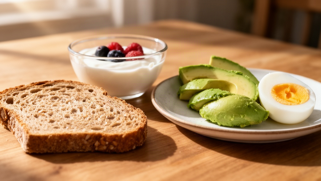 Composição de refeição simples e balanceada com pão integral, iogurte com frutas e ovo cozido sobre mesa de madeira