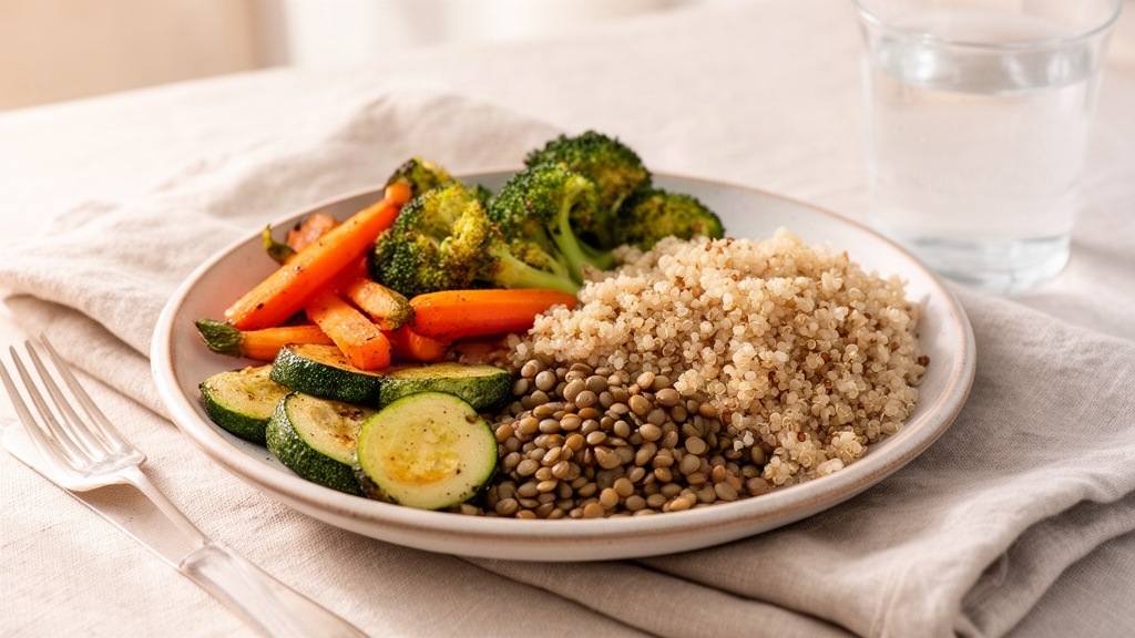 Prato de refeição caseira equilibrada com legumes assados, grãos e lentilhas, transmitindo saciedade e prazer alimentar sem contagem rigorosa.