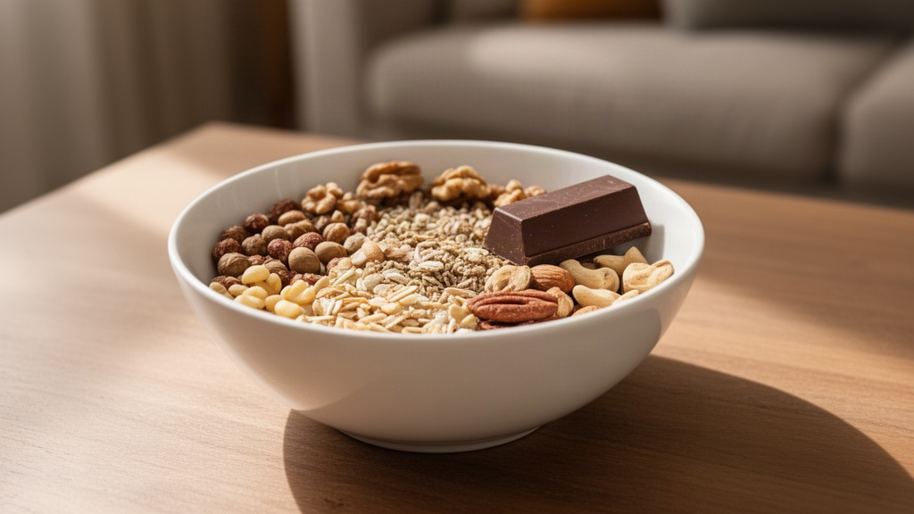 Uma tigela de cerâmica branca com alimentos saudáveis e um pedaço de chocolate, iluminada por luz suave, simbolizando a liberdade de escolha alimentar.